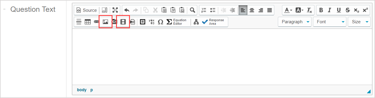 In Question Text pane of the Question Designer, the Image and Video buttons are highlighted.